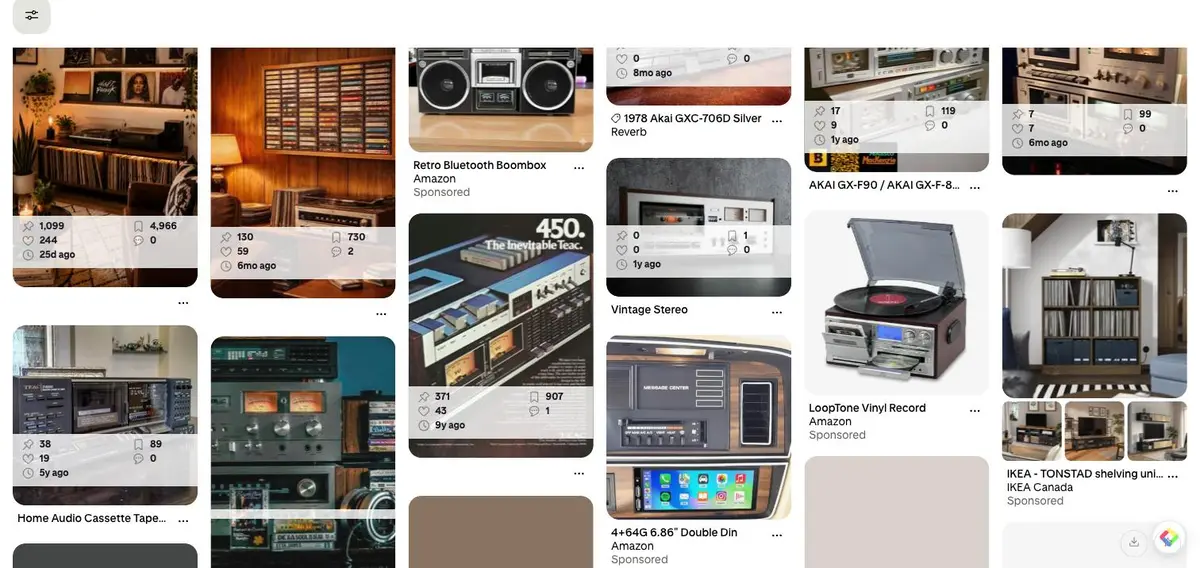 A Pinterest search results grid for vintage cassette decks, mixing real vintage hi-fi photographs with sponsored retail listings.