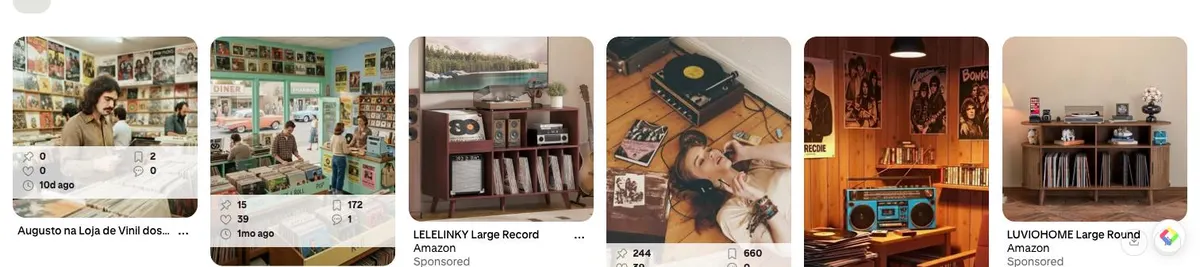 A Pinterest search results grid for people in record shops, mixing photographs with AI generated scenes.