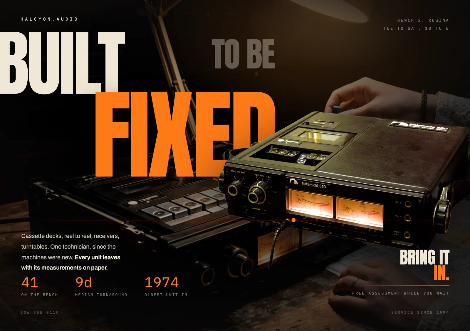 The same page after the lifecycle: a near-black workshop photograph, the deck floating over oversized amber type, one lit needle line.