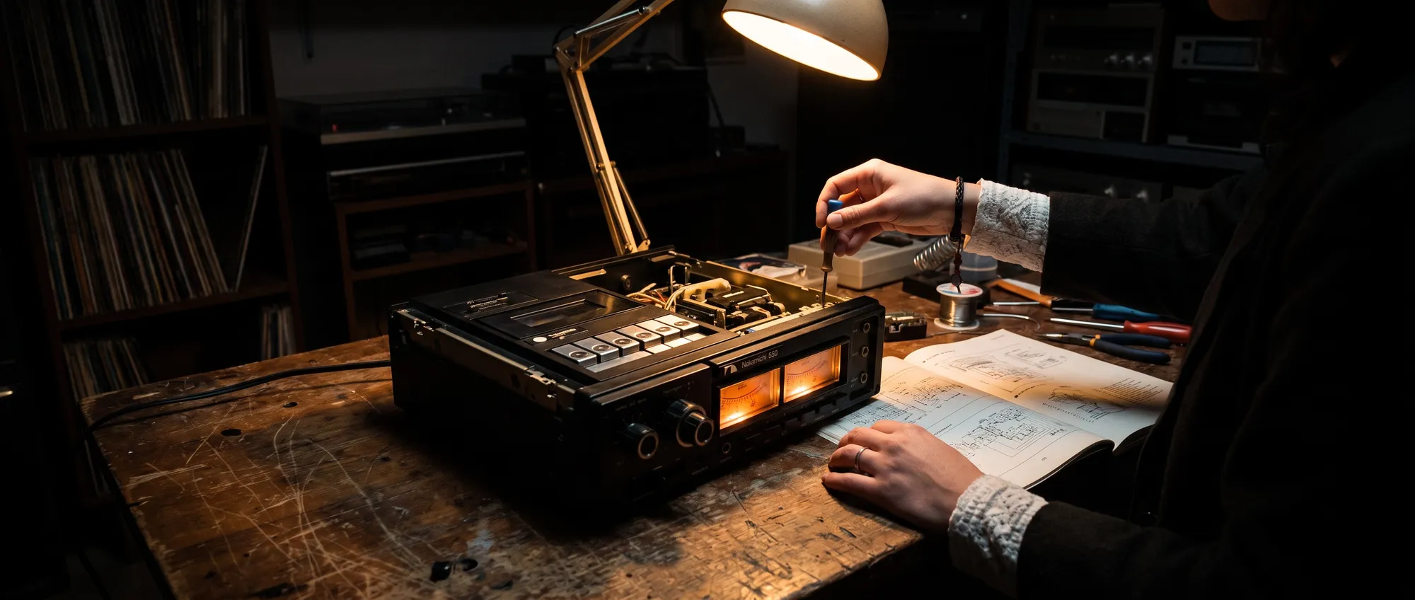 Generated image: a cassette deck open on a workbench under one warm lamp, amber meters lit, a technician's hands with a screwdriver and an open service manual.