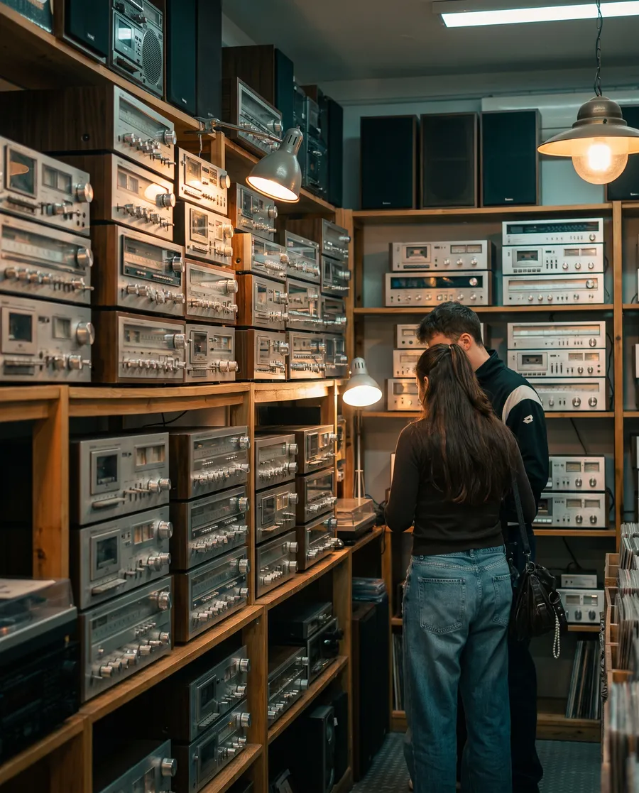 Generated image: the interior of a small vintage audio shop, shelves of receivers, two customers browsing in warm light.