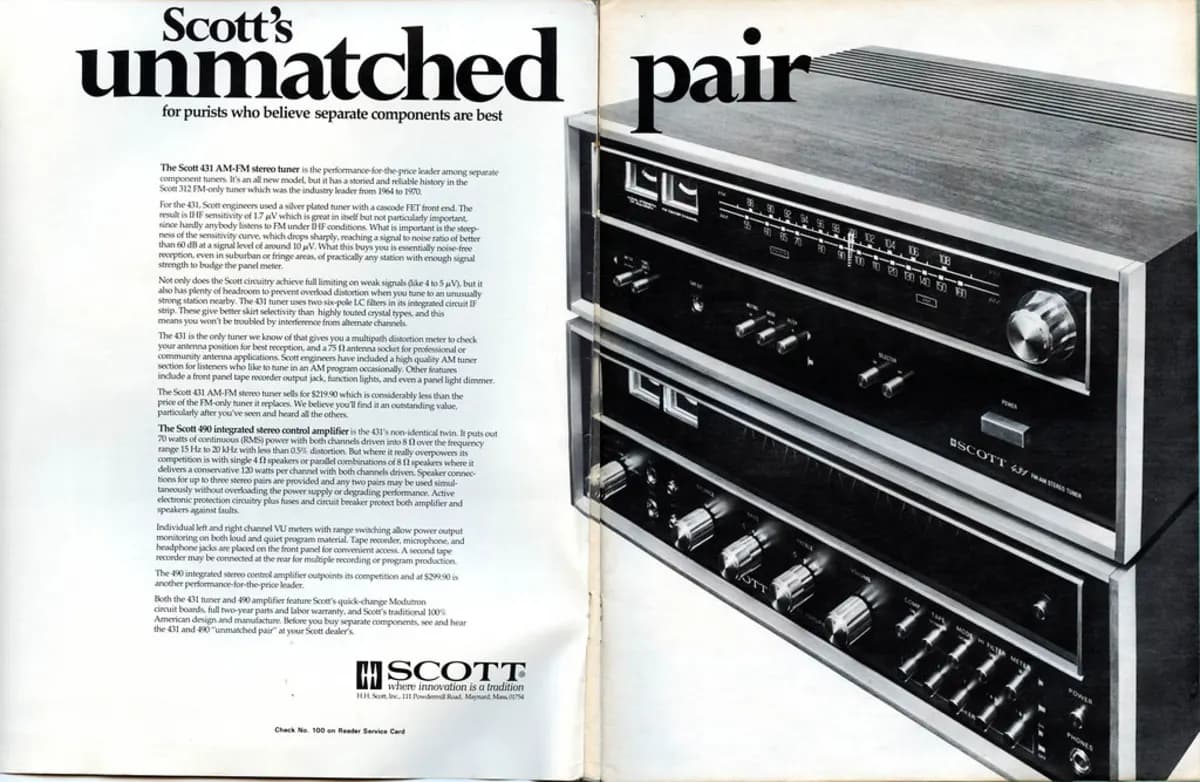 A 1972 magazine spread advertising an H.H. Scott tuner and amplifier, with a bold serif headline and a dense column of body copy.