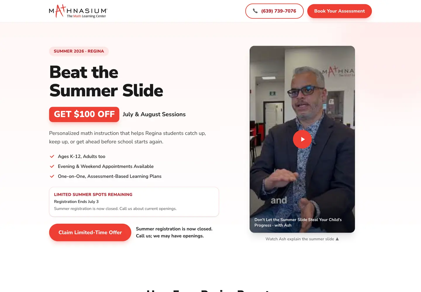 Live landing page for a math tutoring centre.
