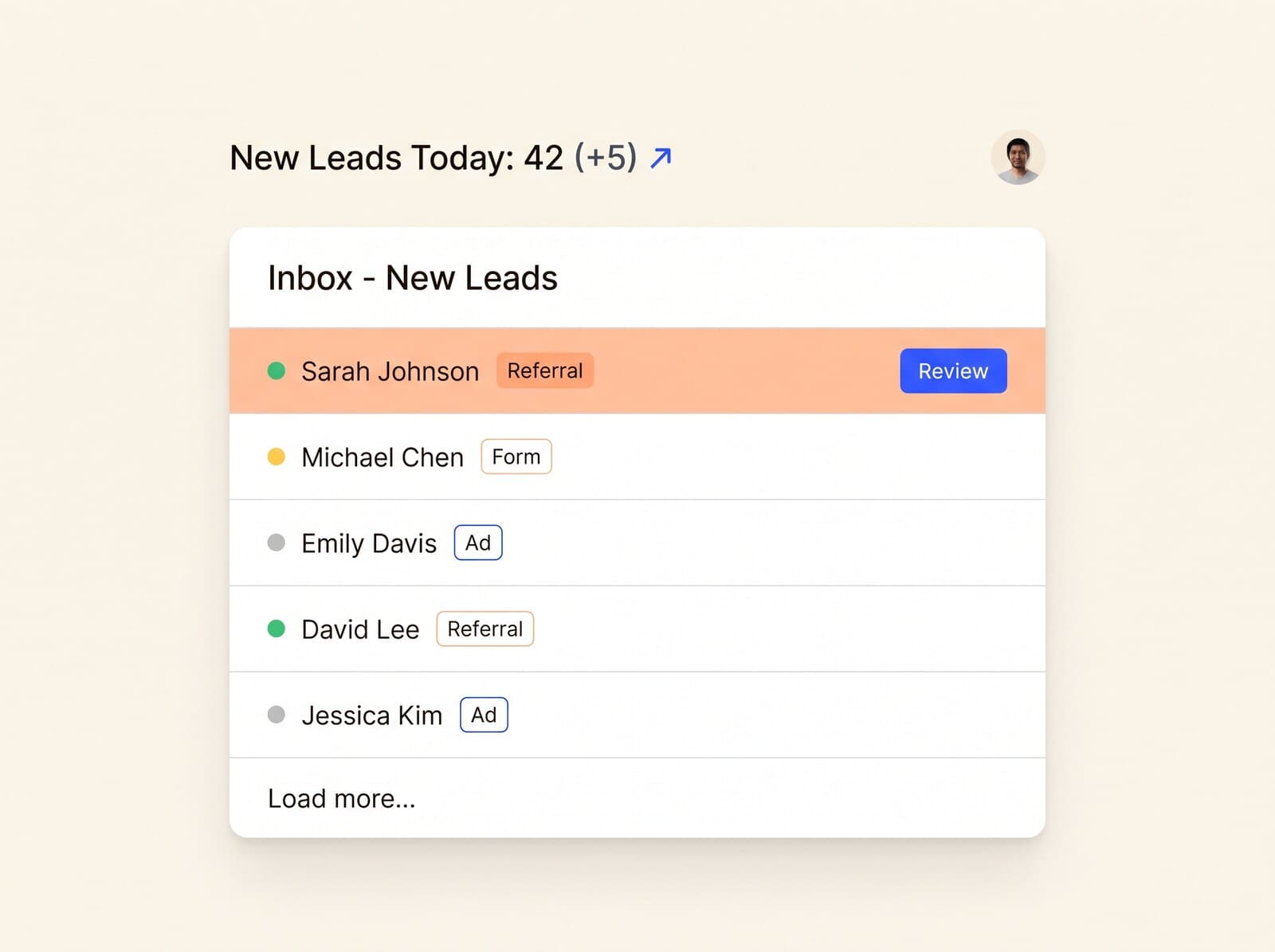 A new-leads inbox filling up with named leads and their source