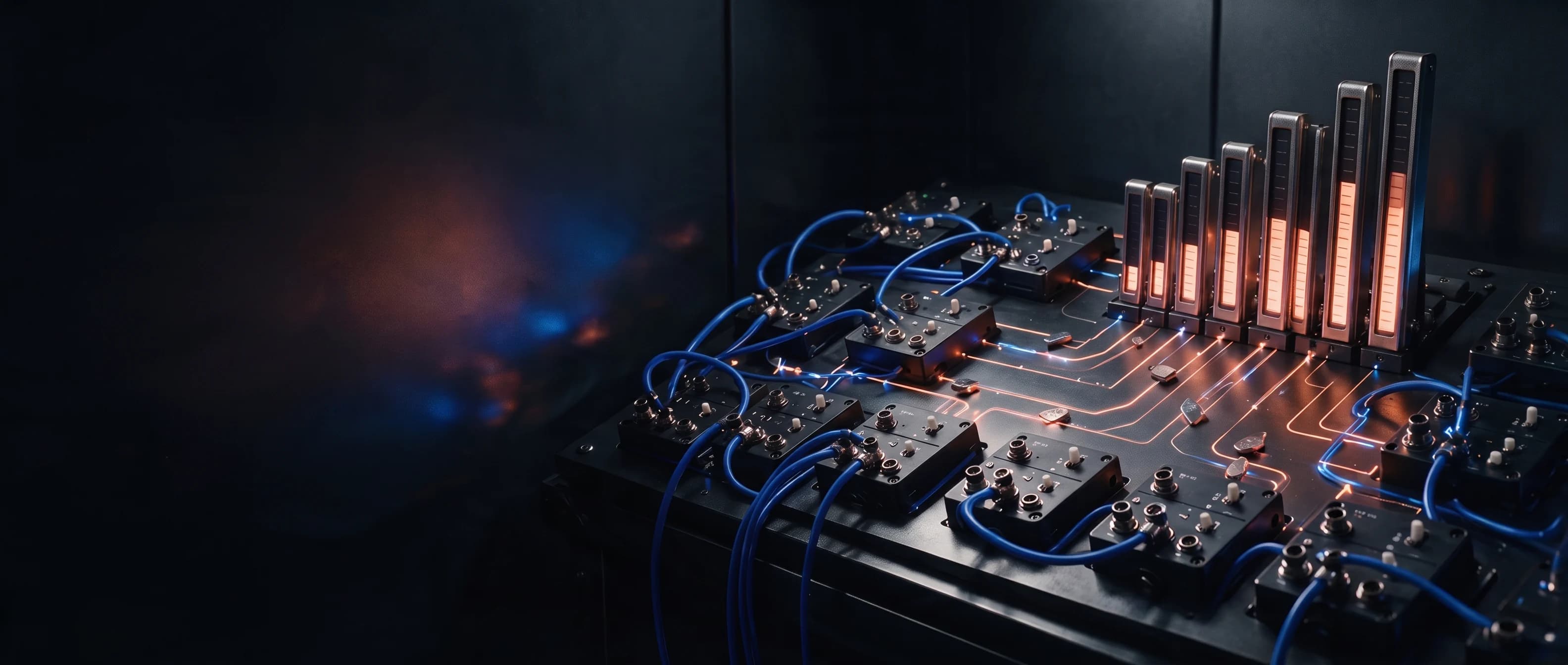 A physical growth operations switchboard routing blue and peach signals into rising meters