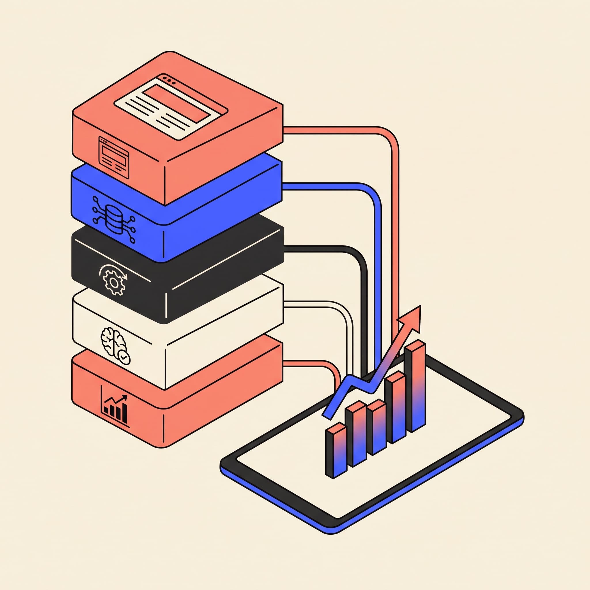 Modular stack layers feeding a rising qualified lead chart